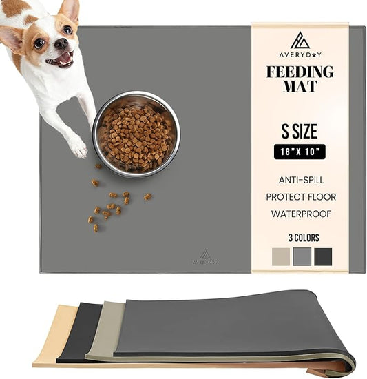 AVERYDAY 18x10'' Silicone Dog Mat for Food and Water, 0.63'' Edge Dog Food Bowl Mats for Floor Waterproof, Dogs Water Mat for Sloppy Drinker, Non Slip Rubber Pet Feeding Mats for Indoor Dogs and Cats