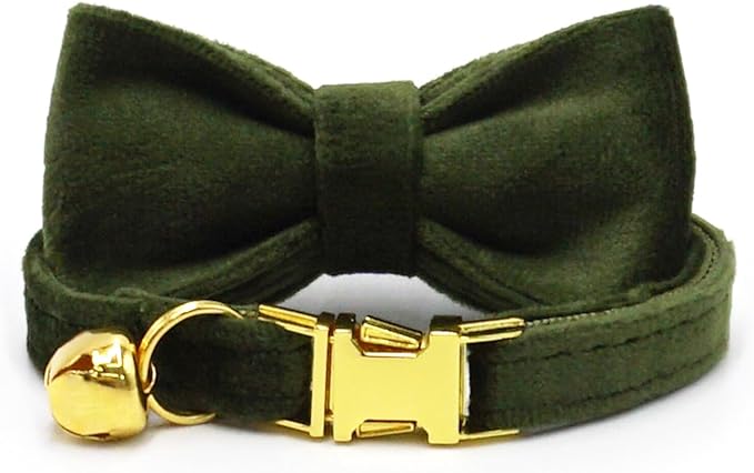 Personalized Cat Collar with Bells,Velvet Customized Small Cat Collar with Name Tag,Pet Collar with Name Phone Number Engraved ID Tags for Boy and Girl Kitten Cats (Deep Green)
