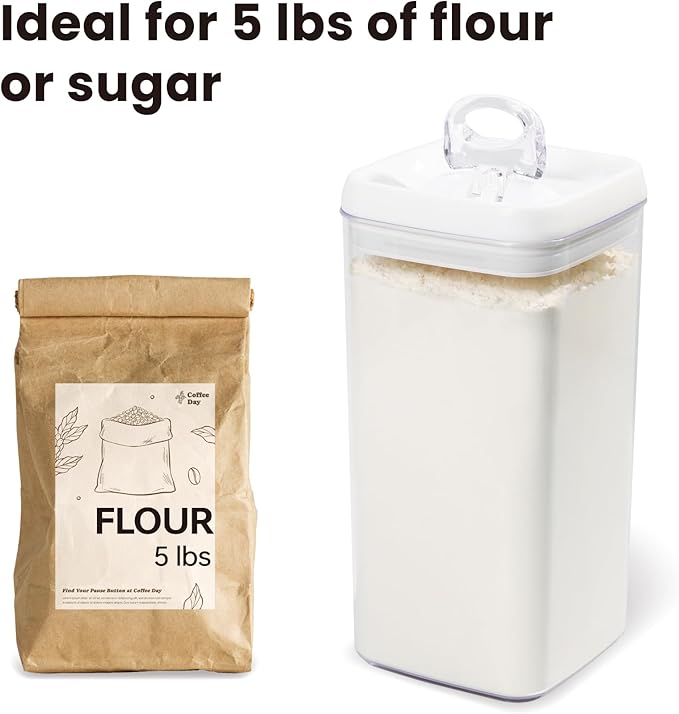 Felli Flip Tite Acrylic Food Storage Container with Lid 6” XL Air Tight Ring Seal Flip Top, Plastic Kitchen Baking Canister for 5 lb Flour Sugar Rice Protein Powder Pantry Organizer (Nest-M, White)