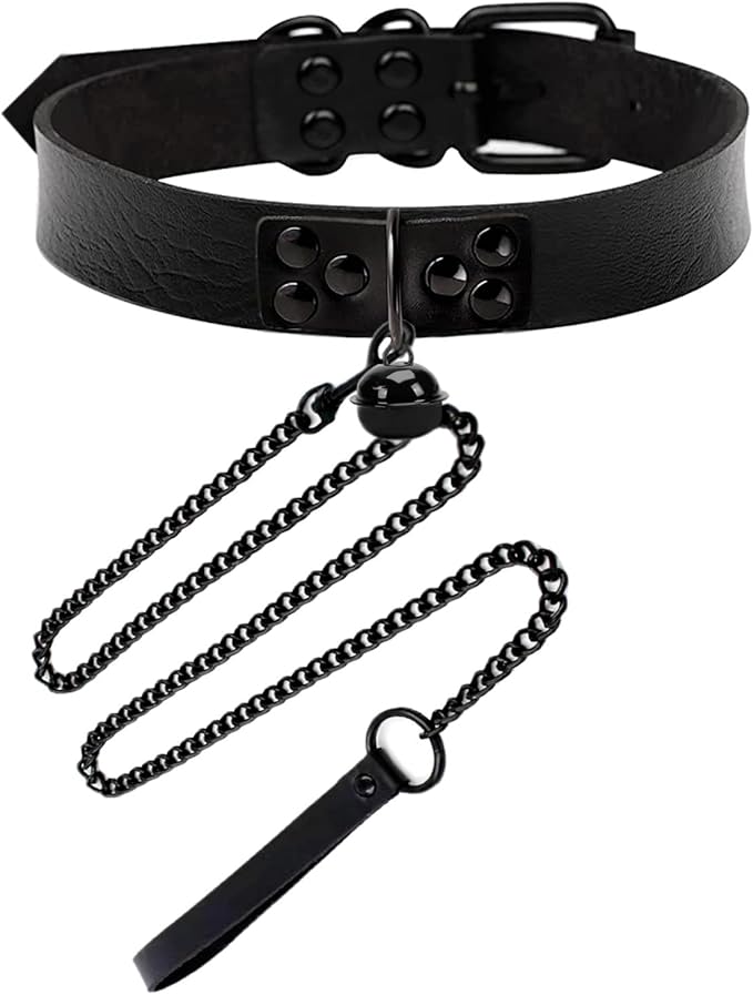 Leather Collar and Leash with Bell for Pet, Gothic Choker Necklace Accessories for Halloween Cosplay