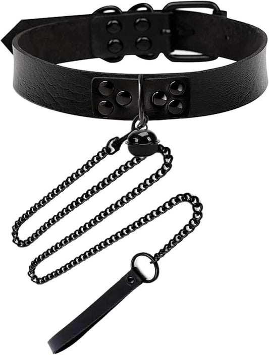 Leather Collar and Leash with Bell for Pet, Gothic Choker Necklace Accessories for Halloween Cosplay