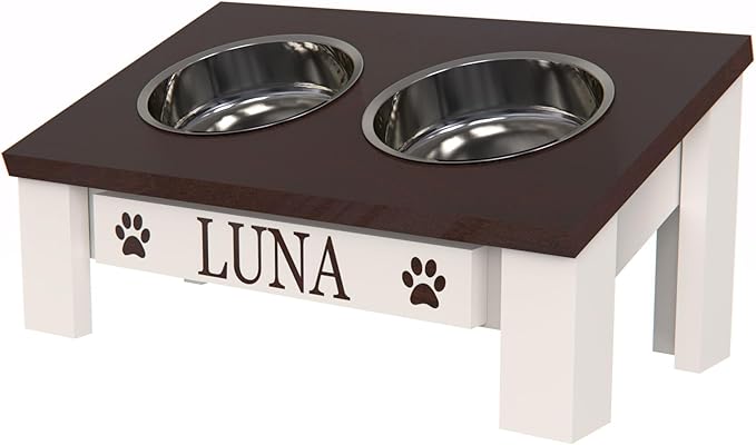 GrooveThis Woodshop Luxury Pet Feeder - Elevated Stand with Stainless Steel Bowls for Small Dogs & Cats, Anti-Slip, Easy Clean, Chic & Durable Design (Tilted, Dark Walnut)