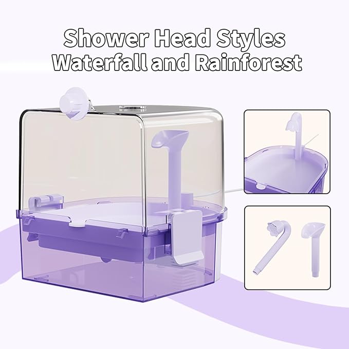 Automatic Bird Baths for Cage – Indoor Parakeet Bath with Pump, Bird Shower with 2 Modes Running Water, Bird Cage Accessory for Pet Birds Conure Budgies Cockatiels Lovebird (Purple)