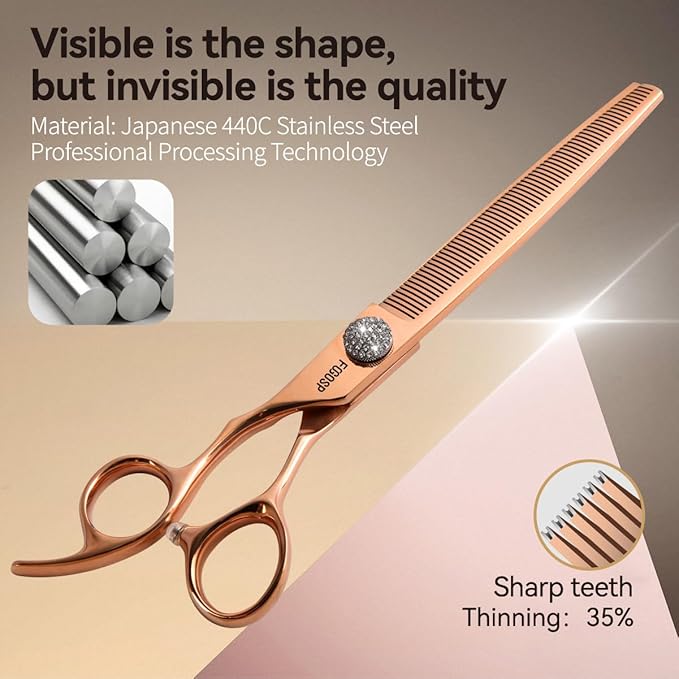 Lefty Thinning Shears for Dogs 66 Teeth 7.5'' Rose Gold Titanium Professional Blending Thinner Scissors for Dog Large Poodle Pet Japan 440C Sharp Left Handed(7.5,Thinner)