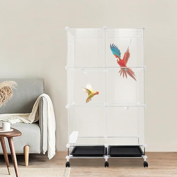 49" H Wrought Iron Bird Cage Parrot Cage, 3-Tier Movable Birdcage Parakeet Cage w/Wheels, 360° View Spacious Interactive Bird House Pet Bird Flight Cage for Medium&Small Birds (Transparent)