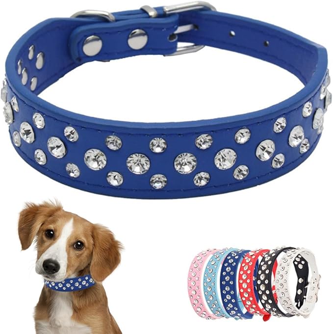 Blue Dog Collar XXS, Bling Diamond Cat Collar Rhinestone Faux Leather Fancy Crystal Glitter Pretty Jewel Female Puppy Collars for XXS XS Small Medium Large Pet Girl Dogs, XXSmall