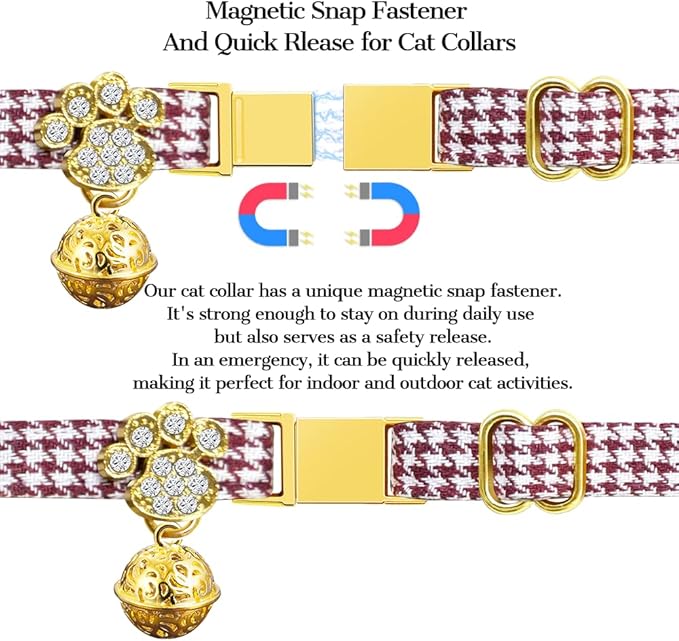 Personalized Breakaway Cat Collars - Magnetic Buckle, Bell - Safety Quick Release, Customized for Girls & Boys Cats - Houndstooth