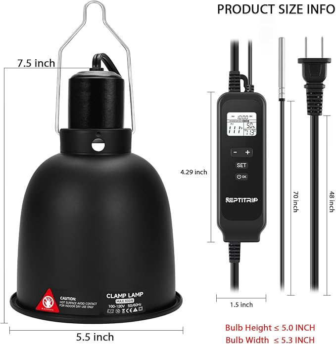 5.5 Inch Day-Night Thermostatic Reptile Heat Light Fixture - Heat Lamp Temperature Controller for Bearded Dragons, Snakes & Lizard – Bulb Not Included (Max 100W)
