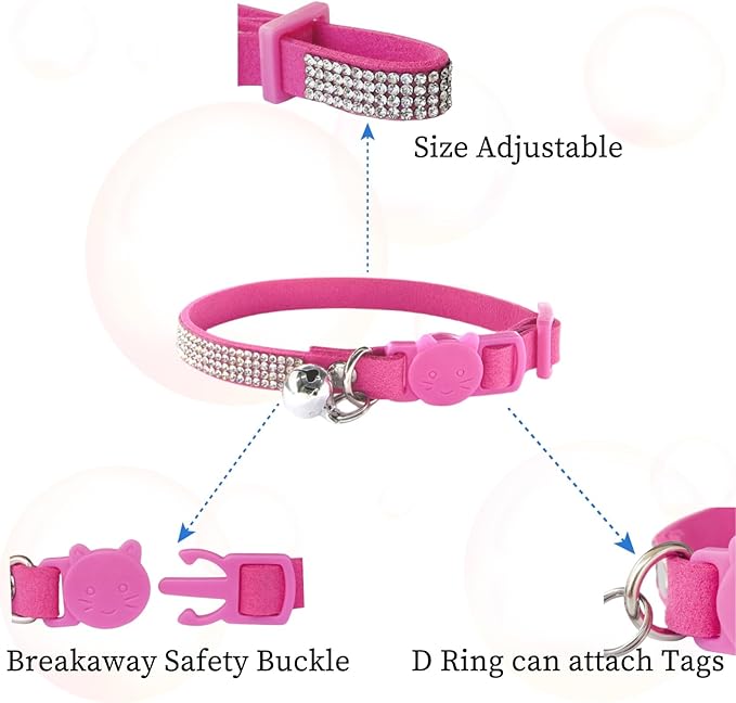 Rhinestone Cat Collar Breakaway Safety Buckle with Bell, Adjustable Diamond Girl Boy Kitty Cute Comfy Collar for Kitten Small Pets Rabbits, 7.5"-11" Hotpink