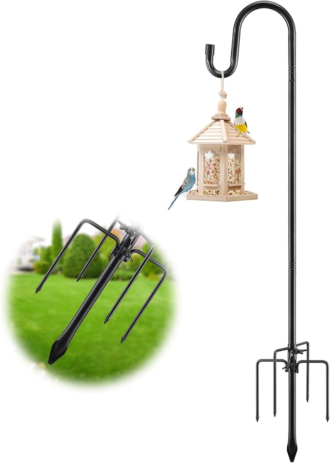 Hummingbird Feeder Pole - 62" Heavy Duty Bird Feeders Stand with Adjustable Anti-Tip Stake, Rustproof Shepards Hook with Hanger for Wind Chimes, Lanterns, Wreaths, Birdfeeders - Black