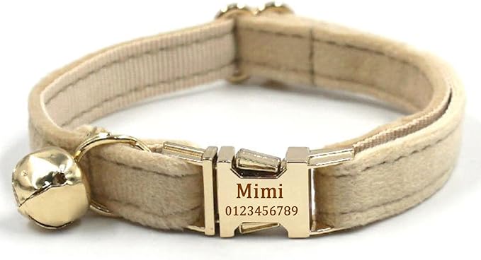 Personalized Cat Collar with Bells,Velvet Customized Small Cat Collar with Name Tag,Pet Collar with Name Phone Number Engraved ID Tags for Boy and Girl Kitten Cats (Milk Tea)