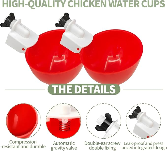 5PCS Chicken Waterer Cups, Red Automatic Poultry Watering Cups, Tee Fittings Poultry Waterer with Mounting Hole Opener,Ideal for Chicken Coop, Ducks, and Backyard Poultry