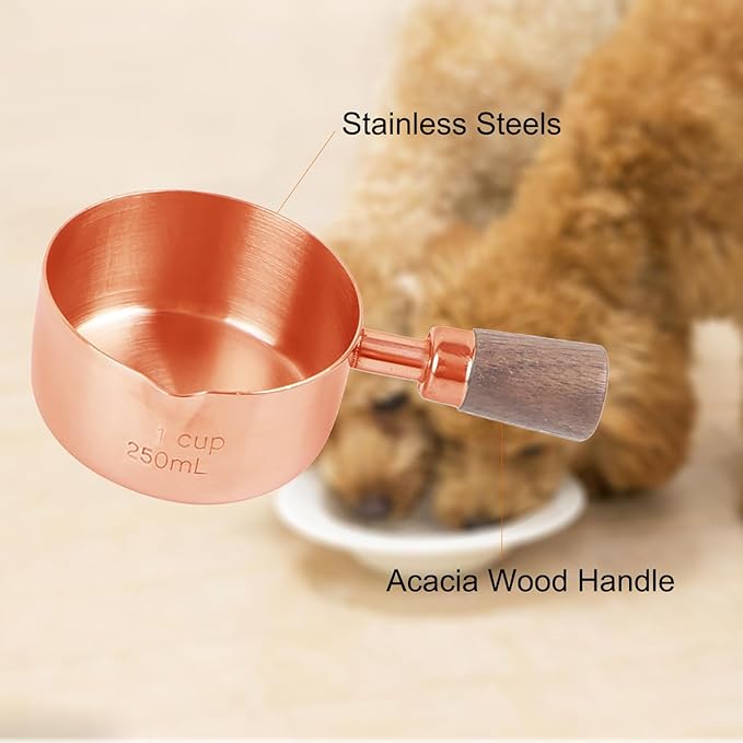 1 Cup Stainless Steel Dog Cat Food Measuring Scoop for Dry and Wet Food, Accurate Measurement for Rice, Flour, Grain (Rose Gold)