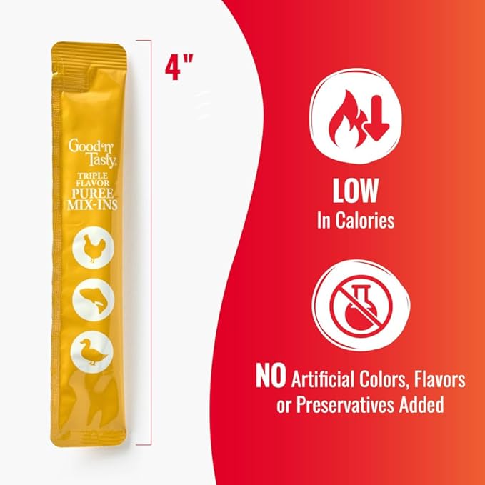 Good 'n' Tasty Triple Flavor Puree Mix-Ins Dog Food Topper Treats for All Dogs, 7 Count, Easy Single-Serve Portions, Added Protein with Chicken, Salmon and Duck