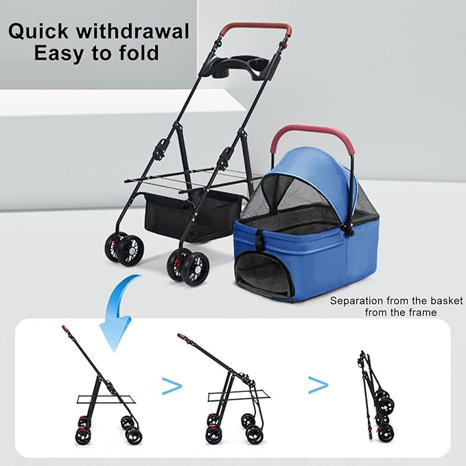 Pet Stroller Pram Dog Carrier Trailer 4 Wheels Foldable Dog with Storage Basket,Holds up to 44 lbs,Adjustable Handle,Folding Travel Stroller Suitable for Traveling with Cats and Dogs (Blue)