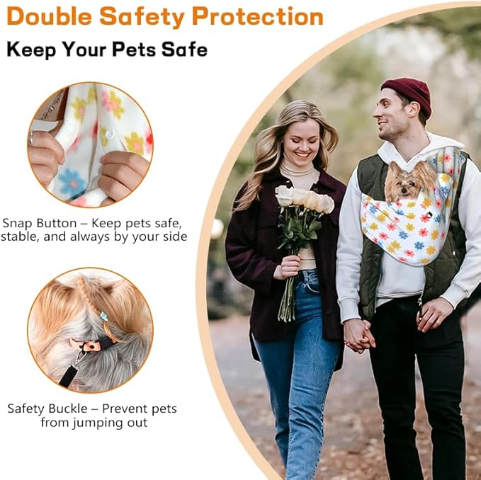 Dog Sling Carrier for Cats and Small Dogs – Hands Free Pet Sling with Adjustable Safety Strap & Buckle, Soft Cat Sling Carrier for Snuggling, Portable Dog Carrier Sling (Medium, Daisy)