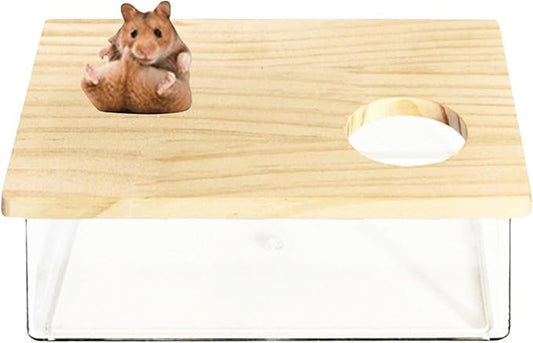 Hamster Sand Bath Box Container, Small Pet Sandbox Lid Design Take Bath Wooden Sandbox Dust Bath, Transparent Bathroom & Digging Box Acrylic Syrian Hamster Litter Box Small Animal Accessories (A)