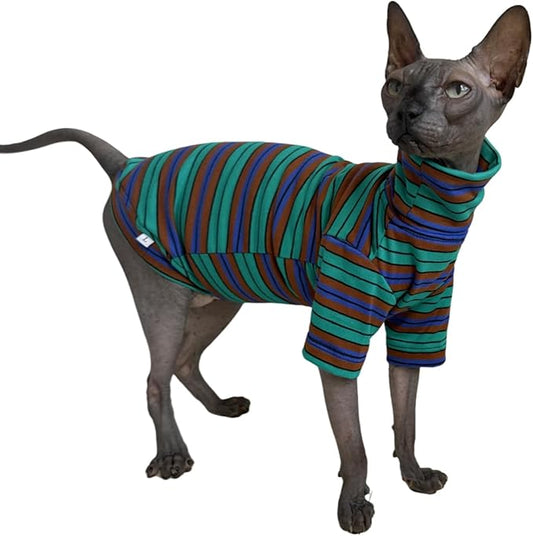 Vintage Stripes Sphynx Hairless Cats Shirt Cotton Cat Turtleneck Pet Clothes Kitten T-Shirts with Sleeves for Sphynx Cornish Rex, Devon Rex, Peterbald (Green Stripe, Small (Pack of 1))