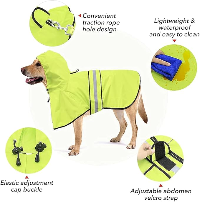 Waterproof Dog Rain Coat - Adjustable Hooded Pet Rain Jacket Raincoat, Reflective Lightweight Dog Slicker Poncho Raincoats (Neon Green, Medium)