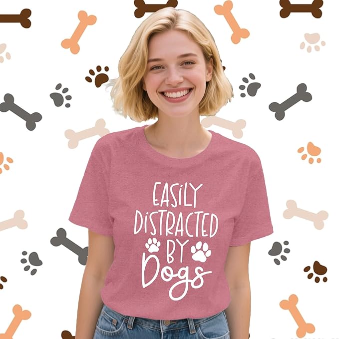Women Dog Shirts Easily Distracted by Dogs T-Shirt Dog Mom Paw Print Tee Tops