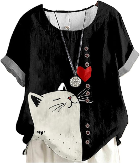 Japanese Print Women Summer Shirts Flower Bird Graphic Plus Size Tunic Tops Crewneck Short Sleeve Blouses