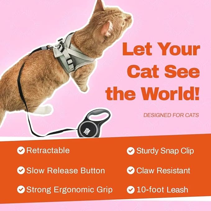 Travel Cat Retractable Expandable Leash - Black 10 Ft Long Strong Tape, Release/Lock Button and Anti-Slip Handle for Small to Large Cats - Light Pet Leash for Walking, Training