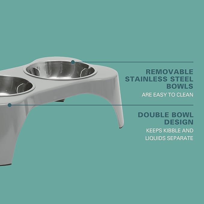 Gibson Home Bow Wow Meow 3-Piece Elevated Dog Bowl Set – Bone-Shaped Raised Feeder with 2 Stainless Steel Bowls for Medium to Large Dogs, Non-Slip, Easy to Clean, Grey