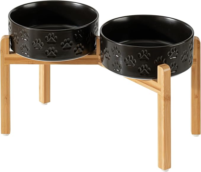 Elevated Ceramic Dog Bowls, 8.3" Food & Water Bowls with Stand, Elevated Dog Dishes for Large Breed Dogs, Microwave Safe, Dishwasher Safe (Double Bowls + Stand - Black, 8 inch)