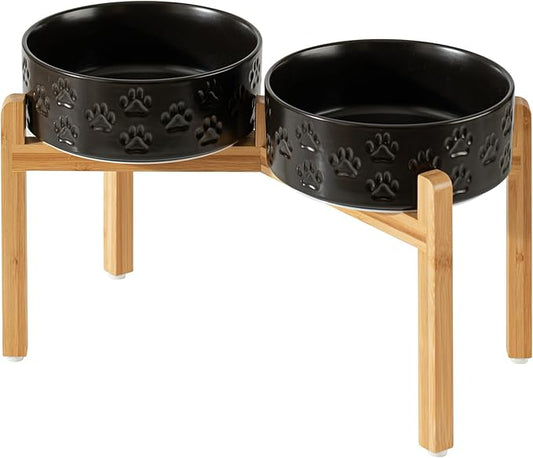 Elevated Ceramic Dog Bowls, 8.3" Food & Water Bowls with Stand, Elevated Dog Dishes for Large Breed Dogs, Microwave Safe, Dishwasher Safe (Double Bowls + Stand - Black, 8 inch)
