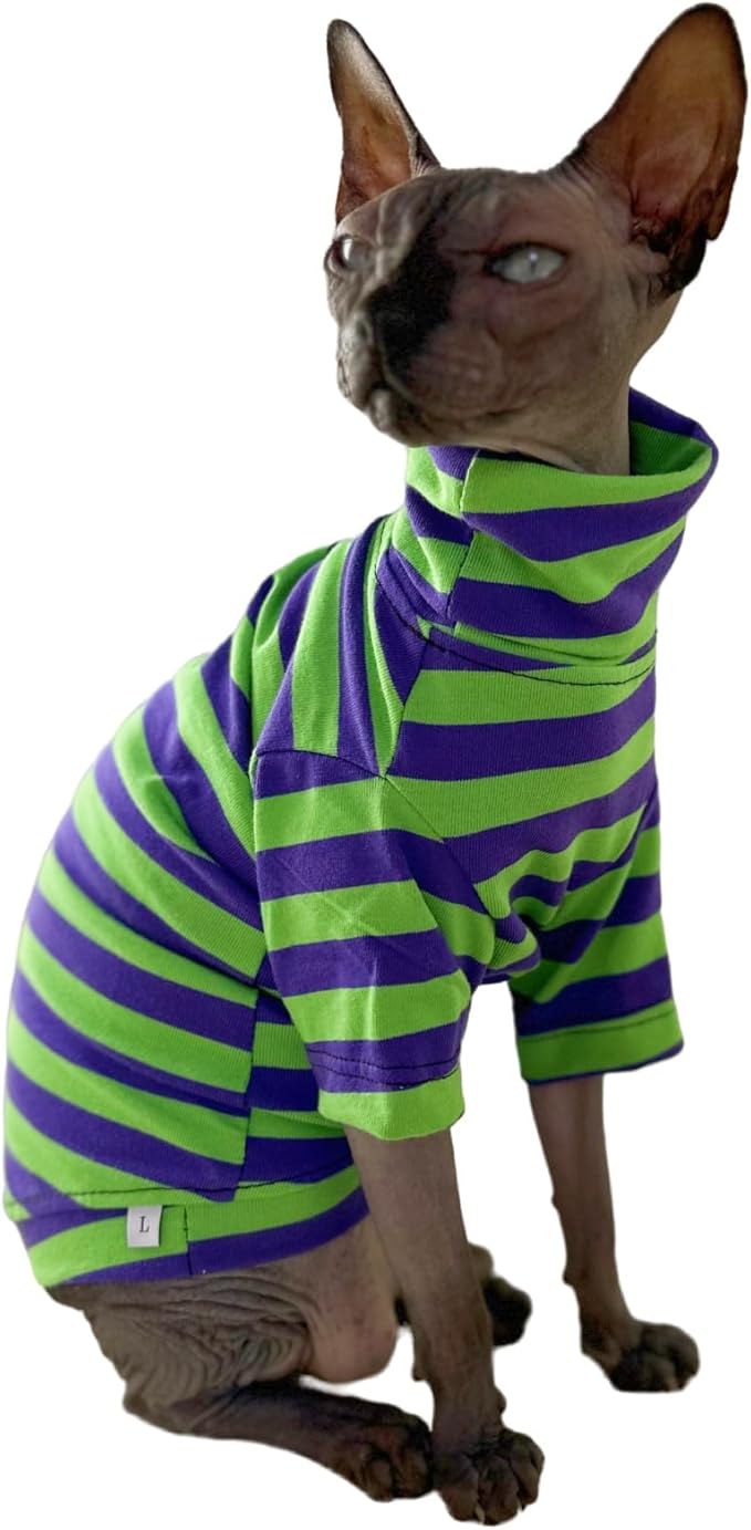 Vintage Stripes Sphynx Hairless Cats Shirt Cotton Cat Turtleneck Pet Clothes Kitten T-Shirts with Sleeves for Sphynx Cats (Eggplant, XX-Large)