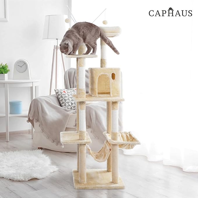CAPHAUS Tall Cat Tree for Indoor Cats, Modern Cute 70-Inch Climbing Play Tower with Top Perch Large Cats Kittens, Multi-Level Activity w Scratching Posts, Hammock, Cave Condo, Smoky Grey