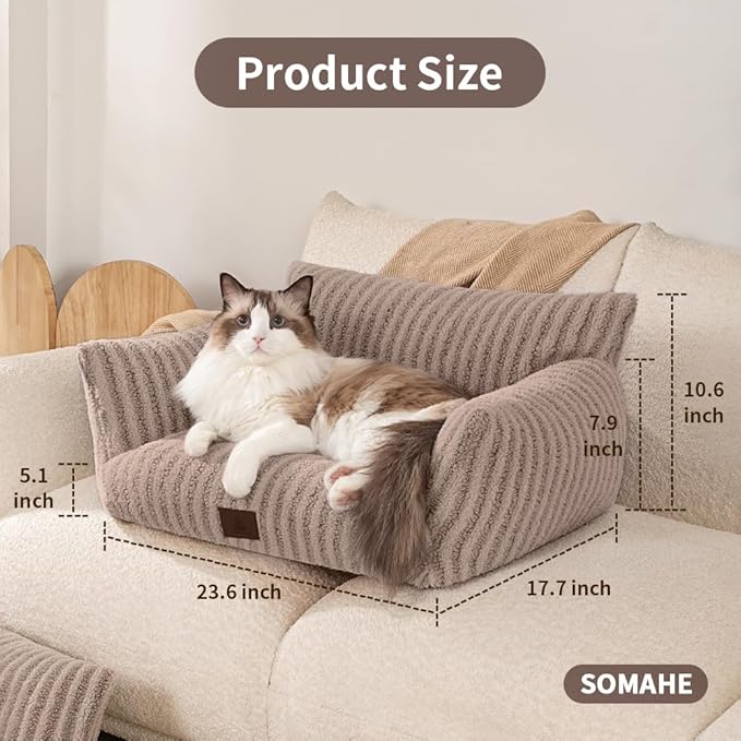 Cozy Couch for Cats Fluffy Pet Sofa with Premium Soft Fleece Fuzzy Cat Beds for Indoor Cat with Removable Washable Cover Supportive Pet Bed 24×18inch Coffee