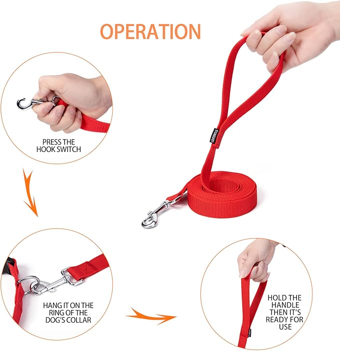 Strong Durable Nylon Dog Training Leash, 1 Inch Wide Traction Rope, 6 ft 10ft 15ft Long, for Small and Medium Dog (Red, 10 Feet)