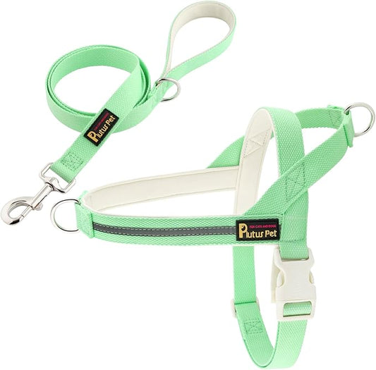 Plutus Pet Cotton Dog Harness and Leash Set, Reflective and Soft Padded, Quick Fit Vest Harness, for Small, Medium and Large Dogs, Light Green, M