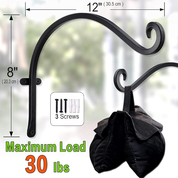 AJART Hanging Plant Hanger Outdoor: 12-Inch Metal Bird Feeder Wall Hooks - 4 Pieces Black Plant Bracket Hook for Hanging Flower Baskets
