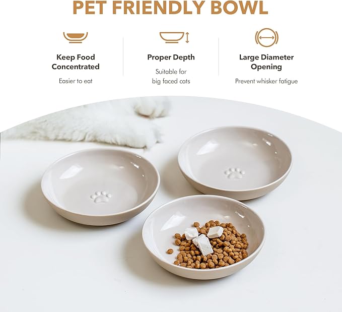 5.7'' Ceramic Wide Whisker Friendly Cat Dishes, Set of 3 Ceramic Cat Bowls, Indoor Kitten Feeding Food& Water Dish to Prevent Whisker Fatigue(3 Pcs)