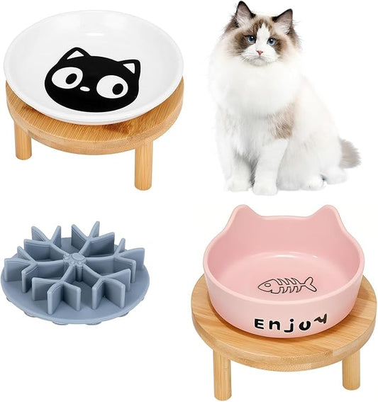 3PCS Elevated Cat Bowls,Wide Raised Ceramic Pet Dishes with Bamboo Stand, Whisker Friendly Pet Water or Food Plates Feeding Station for Indoor Small Dogs, Kitten (Pink+White)
