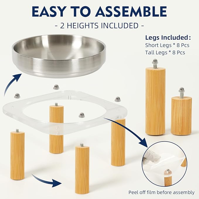 Elevated Cat Bowls for Indoor Cats – Raised Acrylic Cat Bowl Stand with 5.5 Inch Wide Stainless Steel Dishes, Pet Food Table Plate for Easy Feeding, Whisker Friendly(Silver,Set of 2)