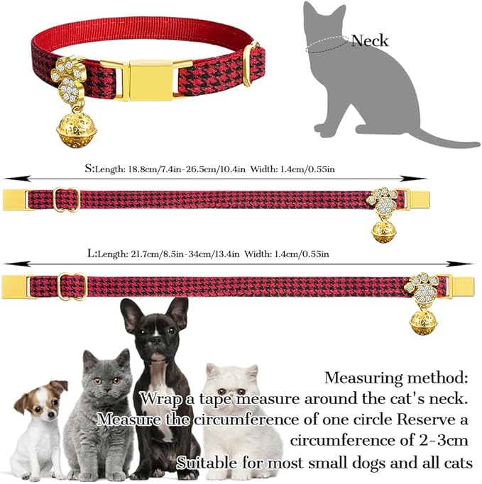 Personalized Breakaway Cat Collars - Magnetic Buckle, Bell - Safety Quick Release, Customized for Girls & Boys Cats- (Houndstooth-Red)