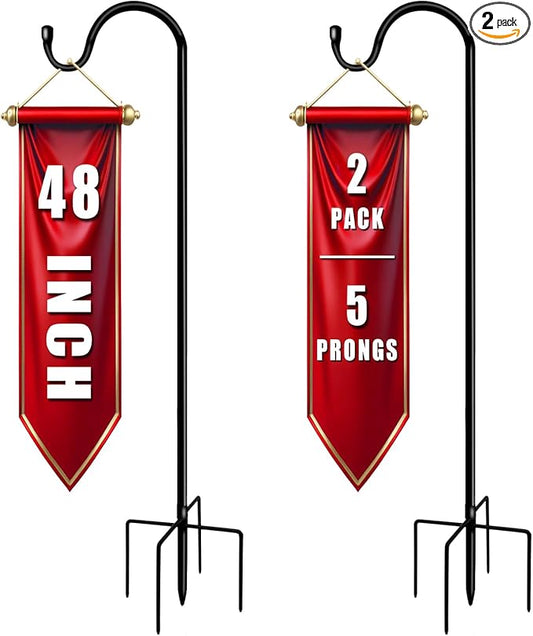 Shepherds Hooks for Outdoor 48 Inch Garden Bird Feeder Pole with 5 Prongs Base Adjustable for Hanging Flower Basket Plant Pot Solar Lantern Light Wind Chime Hanger for Wedding Decor 2 Pack