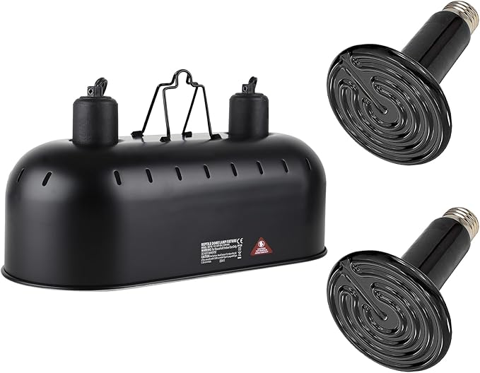 DXOPHIEX 15 inch Dual Reptile Light Fixture, Max 150W Reptile Heat Lamp with 2PCS 150W Ceramic Heat Emitter, Double Dome UVB Light Fixture for Terrarium and Tortoise Habitat