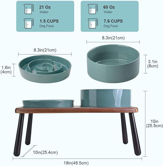 SPUNKYJUNKY Ceramic Elevated Dog Bowls with Slow Feeder Raised Acacia Bamboo Wooden Stand, 8.3'' Dog Food Water Bowls Set Non-Slip for Medium Large Sized Breed Microwave Dishwasher Safe - Dark Green