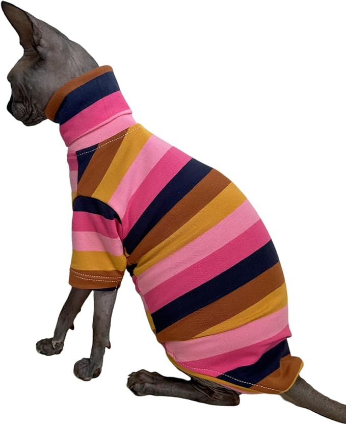 Vintage Stripes Sphynx Hairless Cats Shirt Cotton Cat Turtleneck Pet Clothes Kitten T-Shirts with Sleeves for Sphynx Cornish Rex, Devon Rex, Peterbald (Moning Glory, Small (Pack of 1))