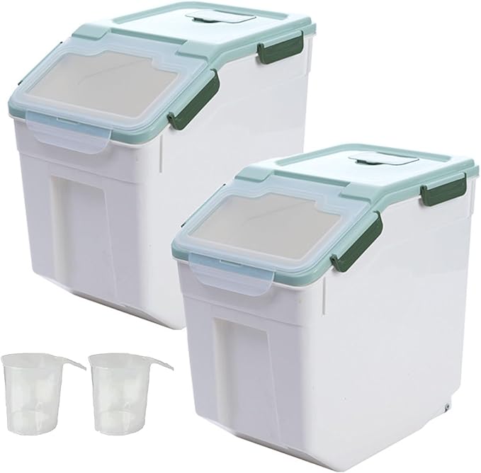 50 lbs Flour Storage Container, 2 Pack Rice Storage Container with Measuring Cup & Scoop, Pet Food Storage Container Dog Cat Food Bin, Green