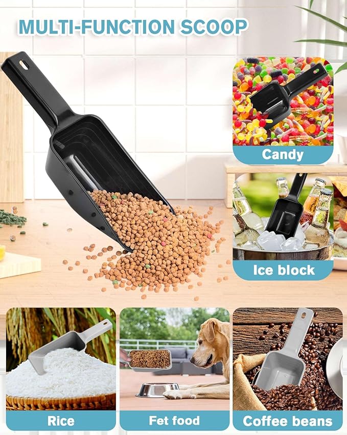 2 Cup Dog Food Scoop(2 Pack), Plastic Pet Food Scoop with Measuring Lines for Accurate Pet Food Portions,Dishwasher Safe (Black and Grey)