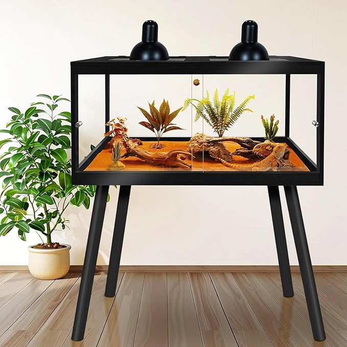 Prolee Bearded Dragon Tank with Leg Stand,Wooden Lizard Tank,Reptile Tank with Metal Mesh Roof Door, Acrylic Panel Snake Tank with Lock Design (Black, 48"x20"x20")