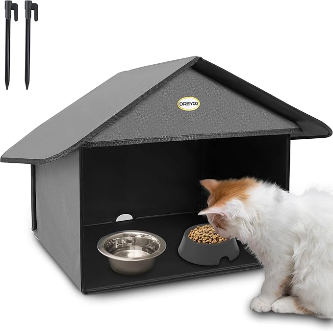 Dreyoo 1 Pack Outdoor Cat Feeding Station for Food & Water, Weatherproof Outdoor Kitty Dining Room Cat Shelter for Stray, Feral Cats and Community Cats, 13”d x 17”w x 15.5'h (Dark Grey)