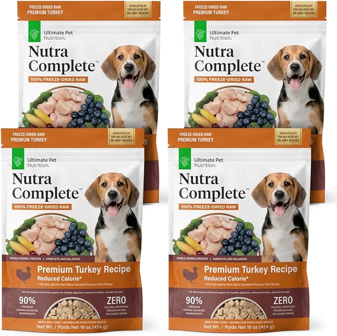ULTIMATE PET NUTRITION Nutra Complete, 100% Freeze Dried Veterinarian Formulated Raw Dog Food with Antioxidants Prebiotics and Amino Acids, (1 Pound (Pack of 4), Turkey)