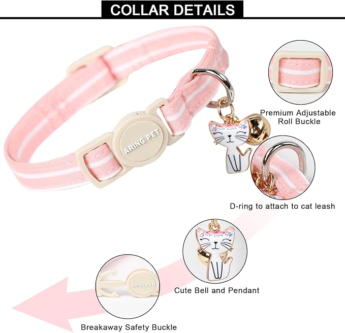 ARING PET 2 Pack Cat Collar-Cute Cotton Cat Collar with Bell & Pendant, Adjustable Pink Lavender Striped Kitten Collars with Safety Buckle for Girl and Boy Pets