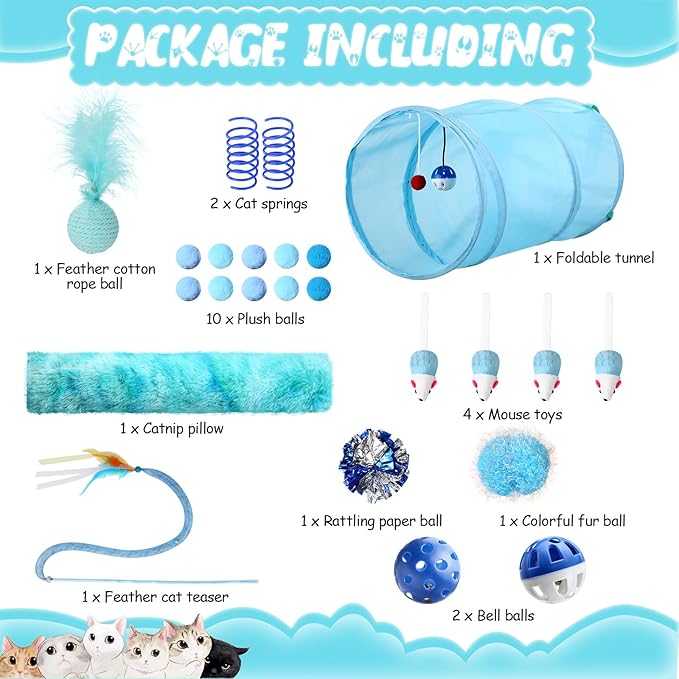 24 Pcs Cat Toys Set Interactive Kitten Toys Pack Including Collapsible Play Tunnel Feather Teaser Wand Fuzzy Ball Springs Pillow Mouse Bells for Indoor Cats Puppy (Blue)